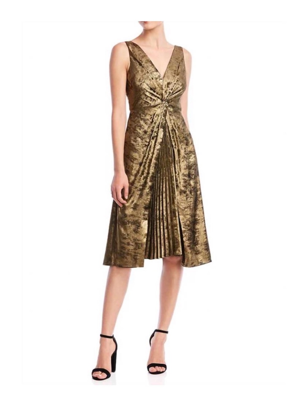Bailey 44 Sofia Metallic Gold Pleated V Neck Midi Dress Party Glam Small EUC